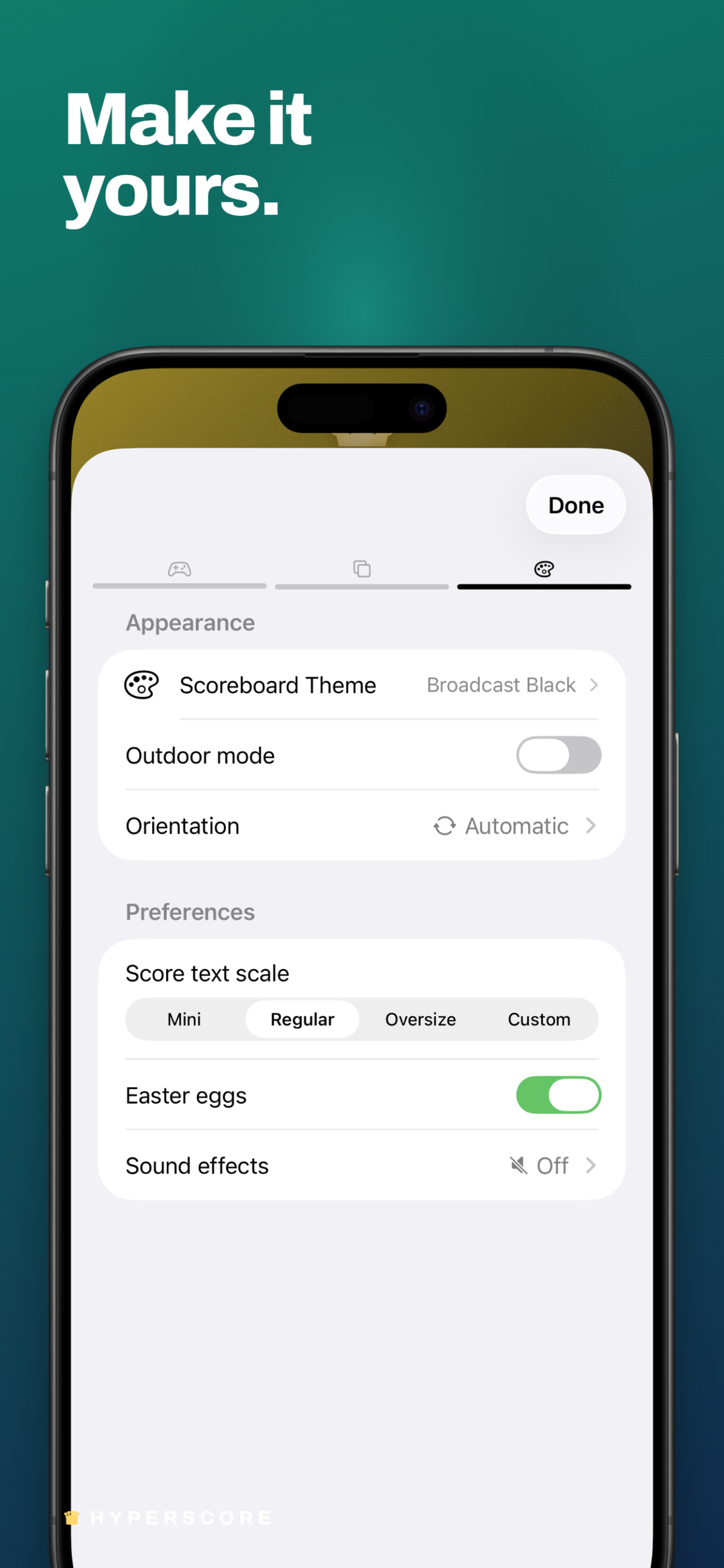HyperScore preferences screen